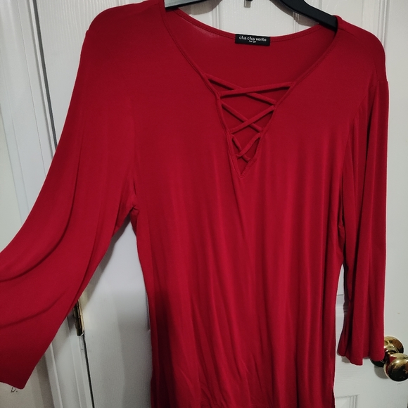 cha cha vente Fire Engine Red Sexy V Neck with Cross Hatch Detailing Long Sleeve - Picture 5 of 7